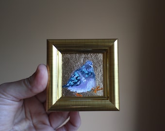 Portrait de pigeon, peinture à l'huile, feuille d'or, tableau original encadré, tableau colombe, illustration originale encadrée, décoration d'intérieur