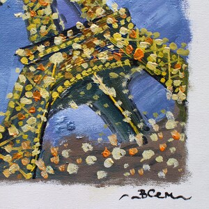 May include: A painting of the Eiffel Tower in Paris, France. The tower is painted in shades of yellow, orange, and green, with a blue background. The painting is signed "BCEM" in the bottom right corner.