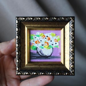 Floral mini oil painting framed original framed 2x2 flowers miniature magnet Oil painting flower mini floral painting