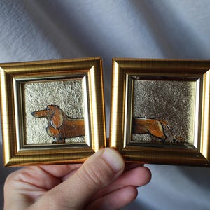 Brown Dachshund Oil Painting with Gold Leaf: double split Original Framed Dog Portrait 2x2 Split Portrait