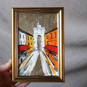 Lisbon street arch Portugal oil painting with gold leaf original framed Lisbon painting original Cityscape painting