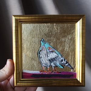 Retrato de paloma, pintura al óleo, hoja de oro, 4 x 4, pintura original enmarcada, pintura de paloma, ilustración original enmarcada, decoración del hogar