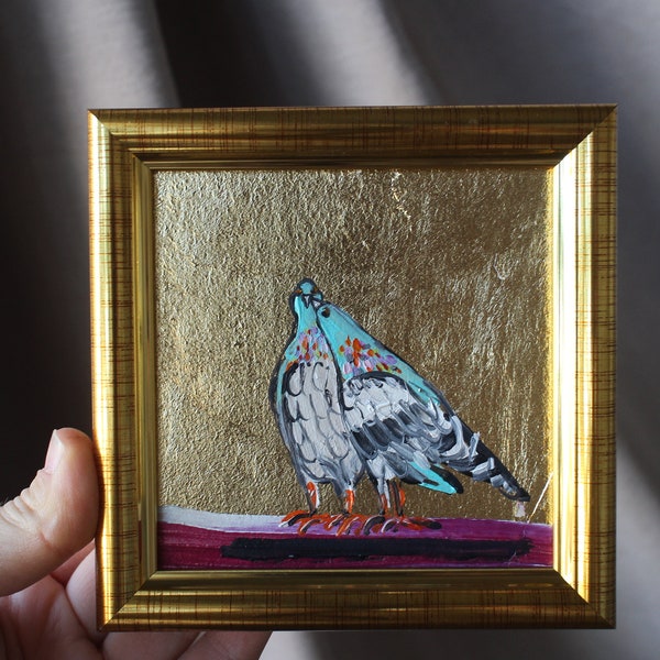 Pigeon portrait oil Painting gold leaf 4x4 original painting framed dove painting original framed illustration home decor