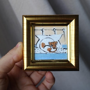 Jack Russell Terrier dans le lit peinture à l&#39;huile 2 x 2 chien encadré original peinture à l&#39;huile chiot peinture portrait de chien