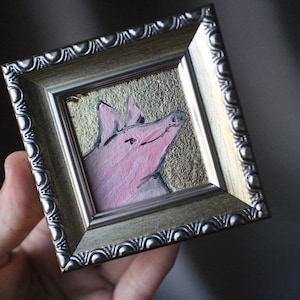 Happy funny pig portrait oil Painting original framed gold leaf 2x2 pig painting original framed illustration home decor wall art