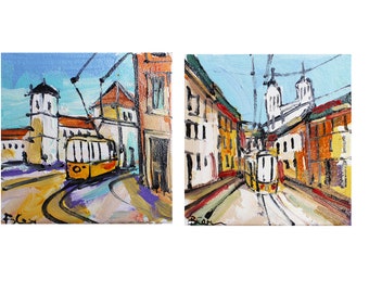 Digital Prints Tram Portugal Lisbon oil painting Printable Wall Art Print Set of 2