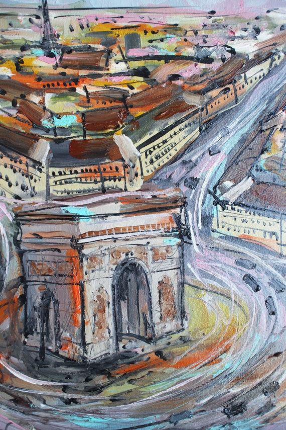 パリ凱旋門 エッフェル塔 油絵 16x12 オリジナル額入り パリの屋根