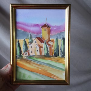 Tuscany Italy poppy field painting watercolor original framed Tuscany painting Small Painting Wall Art Decor Painting