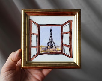 Framed Eiffel Tower Painting: Original Paris Watercolor Art, 4x4
