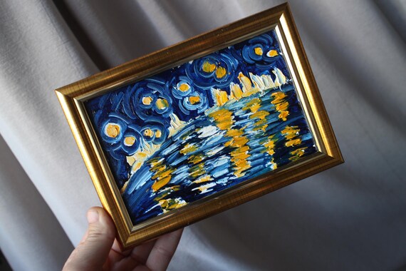 ヴィンセント・ヴァン・ゴッホ「星月夜」額入り、オリジナル絵画 4x6