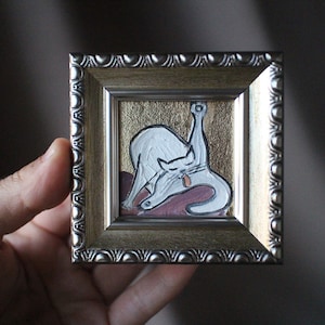 Retrato de gato blanco con pan de oro Pintura al óleo con pan de oro Pintura original de 2x2 enmarcada Pintura de gato negro original enmarcada