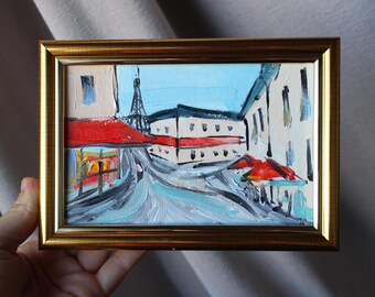Paris Cafe Oil Painting, Framed Cityscape (4x6 in)