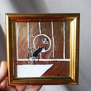 Olieverfschilderij zwarte kat met bladgoud met bladgoud 4 x 4 origineel schilderij ingelijst schilderij zwarte kat origineel ingelijst
