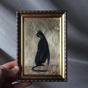Portrait de chat noir avec feuille d'or Peinture à l'huile avec feuille d'or peinture originale encadrée Peinture chat noir originale encadrée