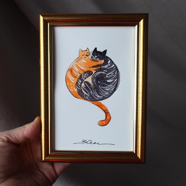 Cuadro en miniatura de 4x6 enmarcado con gatos en blanco y negro y naranja. Abrazo de acuarela. Arte original.