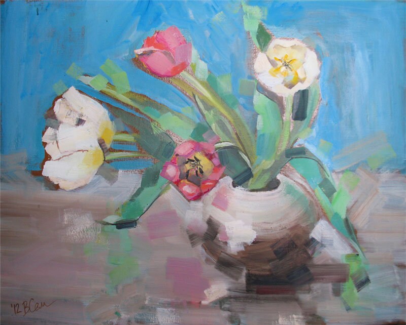 チューリップの油絵 オリジナル額入り 16x20 赤いチューリップ 白い