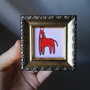 Red Fire horse miniature original oil painting framed 2x2 with gold frame