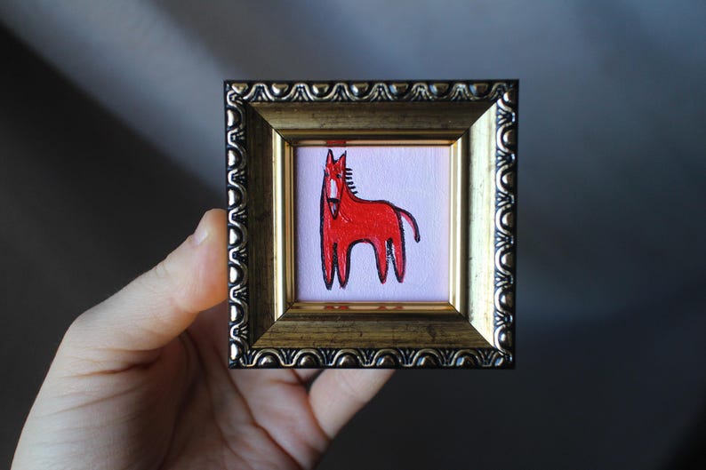 Red Fire horse miniature original oil painting framed 2x2 with gold frame