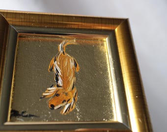 Dachshund long hair oil painting with gold leaf original framed 2x2 dog Oil painting puppy painting Dog Portrait