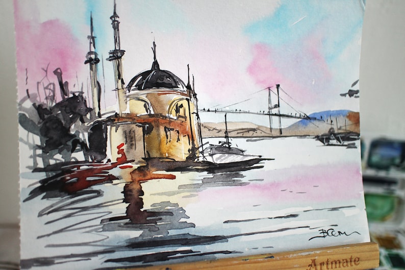 Painting Istanbul bridge watercolor original Turkish framed watercolor Church of Hagia Sophia