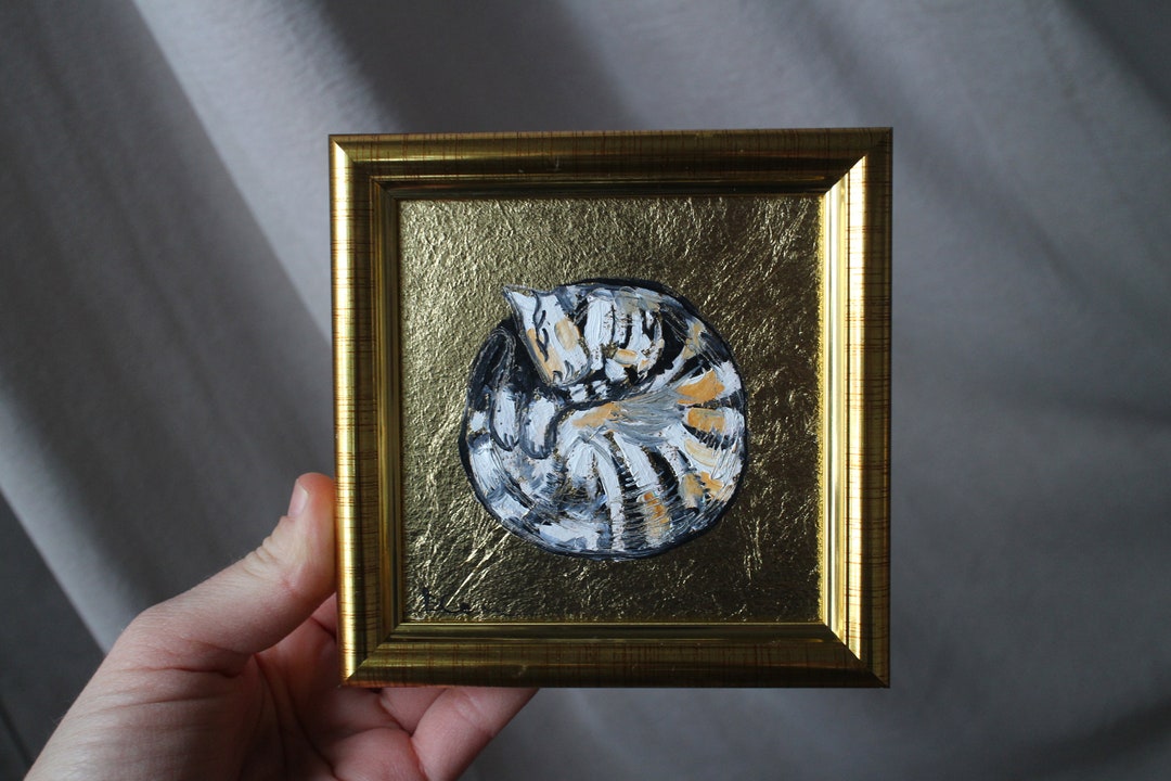 Tabby Cat Oil Painting With Gold Leaf, Original Framed Art (4x4 In) - Etsy