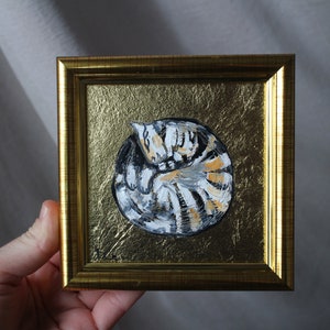 Gato con pan de oro Pintura al óleo con pan de oro Cuadro original 4x4 enmarcado Cuadro original de gato negro enmarcado