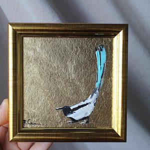 Elster Vogel fliegen Ölgemälde original 4x4 mit Blattgold gerahmt Piet in Flug-Serie Blattgold Kunst Blattgold Texture Wall Art