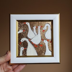 Anser pintura al óleo de ganso blanco pintura original enmarcada con hoja de oro pintura de gansos blancos ilustración enmarcada original decoración del hogar arte de la pared