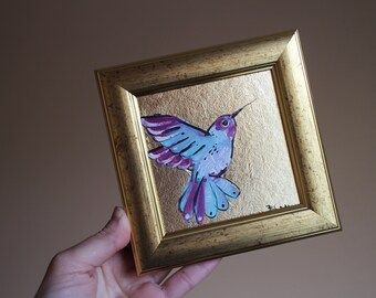 Colibrí, óleo sobre pan de oro - Miniatura enmarcada (10 x 10 cm)