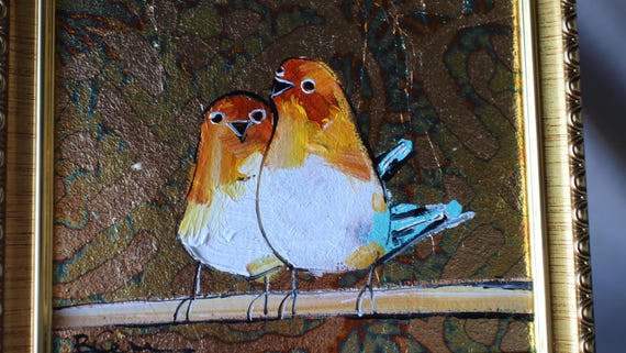 金箔を施したスズメの油絵：額入り鳥アート（6x6） - Etsy 日本
