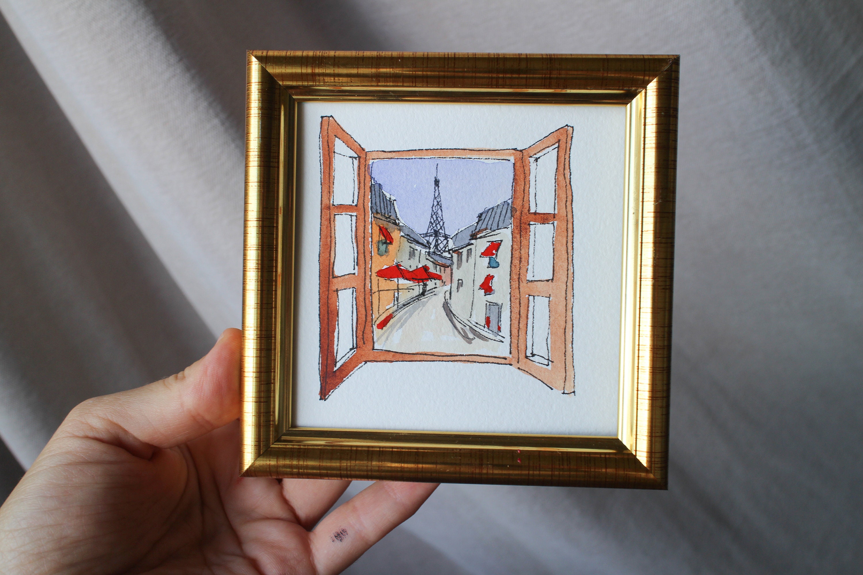 エッフェル塔の水彩画、額入りパリ屋上アート（4 x 4インチ） - Etsy 日本