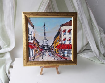 Paris cityscape Eiffel Tower street red cafe oil painting framed original Small Oil Painting on canvas Paris Painting Paris Wall Art  Decor