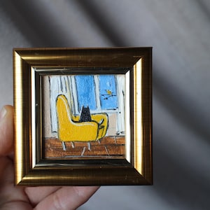 ミニ絵画 黒猫が窓の鳥を見ている 油絵 額入り 2 x 2 インチ オリジナル ハンドメイド絵画
