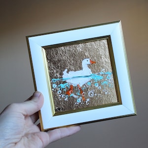 Pintura al óleo de ganso blanco Anser, pintura original enmarcada, pintura de gansos blancos, ilustración original enmarcada, decoración del hogar, arte de pared