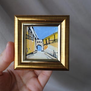 Barcelona Gothic Quarter Oil Painting: Framed Miniature Cityscape (2x2) Pont Bisbe built Carrer Bisbe