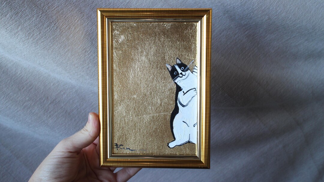 Black and White Cat Oil Painting With Gold Leaf, Original Framed Art ...