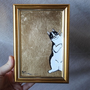 Portrait de chat noir blanc avec feuille d'or Peinture à l'huile avec feuille d'or 4 x 6 peinture originale encadrée Peinture de chat noir originale encadrée