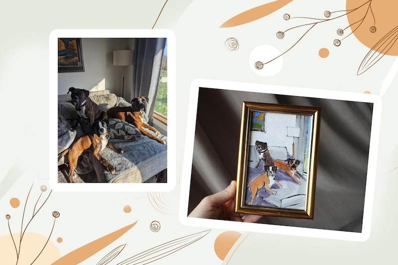 Peut inclure: Deux images de chiens. L'une montre trois chiens, deux bruns et un noir, se pr&eacute;lassant sur un canap&eacute;. L'autre est une peinture encadr&eacute;e des m&ecirc;mes chiens. La peinture a un cadre dor&eacute; et repr&eacute;sente les chiens dans une pose similaire.