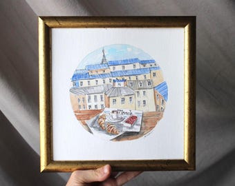 Framed Paris Rooftops Watercolor round Painting original craft handmade: Eiffel Tower Art (8x8)