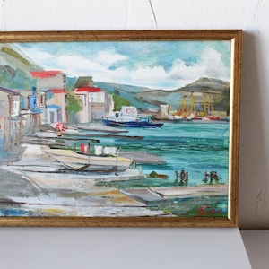 Seascape boat station pier berthoil 12x16 oil painting framed original in the port Sea Boat Sailing waves painting sea Original Painting