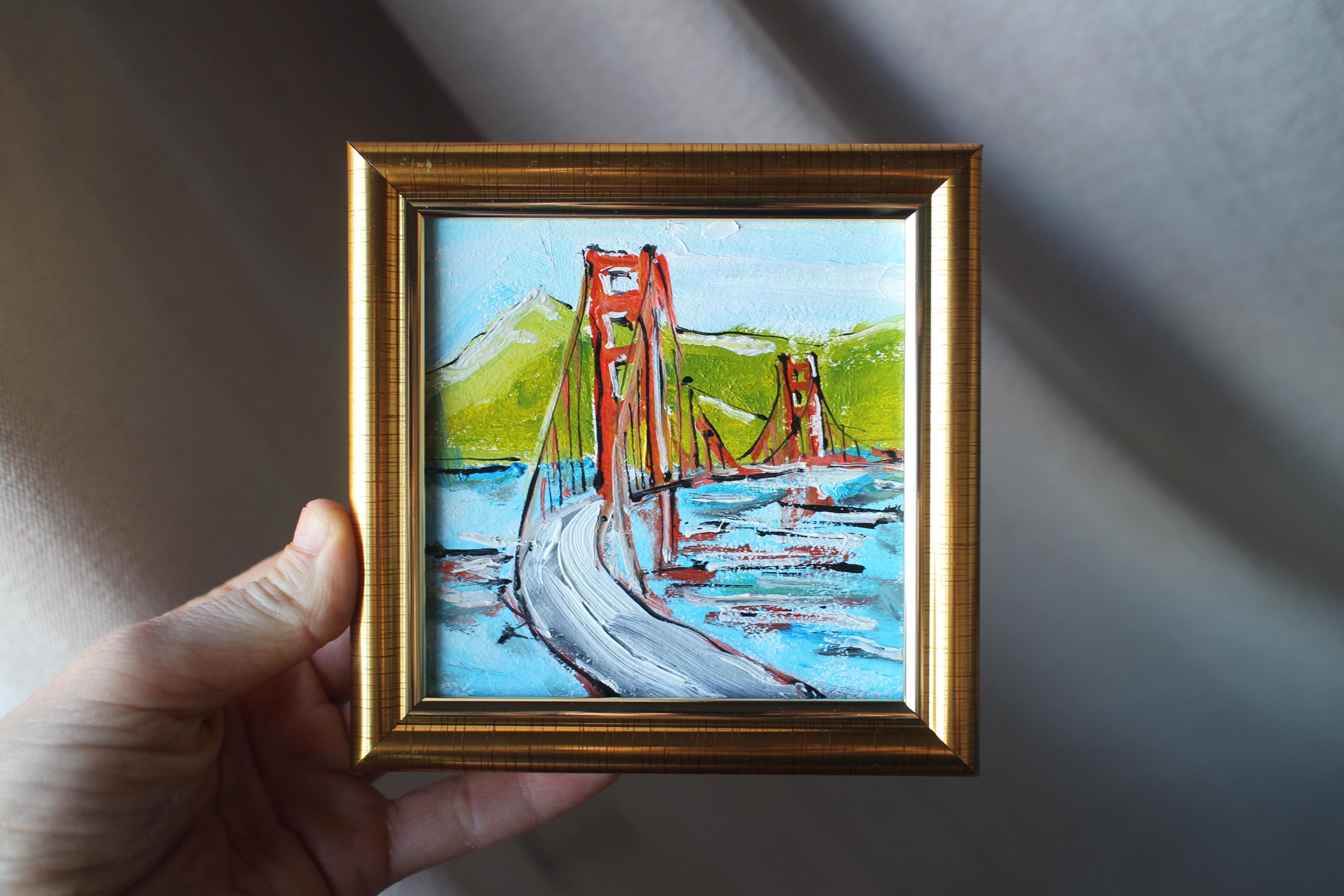 ゴールデンゲートブリッジの油絵、オリジナルクラフトハンドメイド：額 