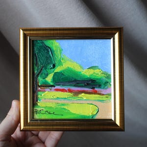 Árvores no parque Paisagem árvores original 4 x 4 pol Pintura a óleo Natureza Paisagem Pintura Floresta Lago Pintura original Floresta