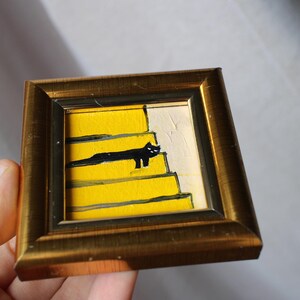Mini painting a black cat is sleeping on the stairs oil painting framed 2x2 in Original Handmade painting