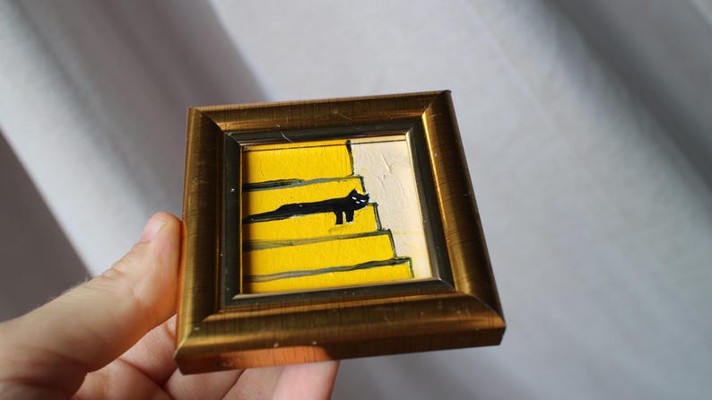 Mini painting a black cat is sleeping on the stairs oil painting framed 2x2 in Original Handmade painting