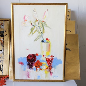 Pink lily white Still life oil painting 16x24 original framed red pomegranate oil painting Floral oil painting original