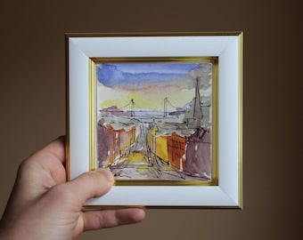 San Francisco Watercolor Painting: Framed City Street Sketch (4x4 inch)