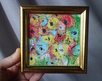 Mini-Blumen-Öl-Pastellgemälde, gerahmt, 10 x 10 cm, Original-Blume, handgefertigtes Stillleben-Gemälde, Blumenstrauß-Gemälde mit Palettenmesser