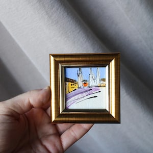 Prague tram oil Painting original framed 2x2 mini painting Prague Czech Republic Oil Painting on canvas The Gothic Powder Tower