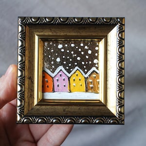 Schnee Stadt Weihnachten Ölgemälde mit Blattgold Skizze gerahmt 2x2 Winter Original Handgemalter Weihnachtsbaum Weihnachtsgeschenk Gruß gerahmt