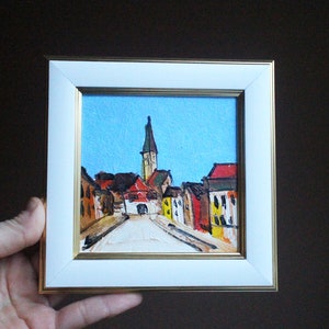 Roemenië stadsbeeld straatarchitectuur kasteel origineel olieverfschilderij ingelijst kasteel in berg olieverf schets schilderij